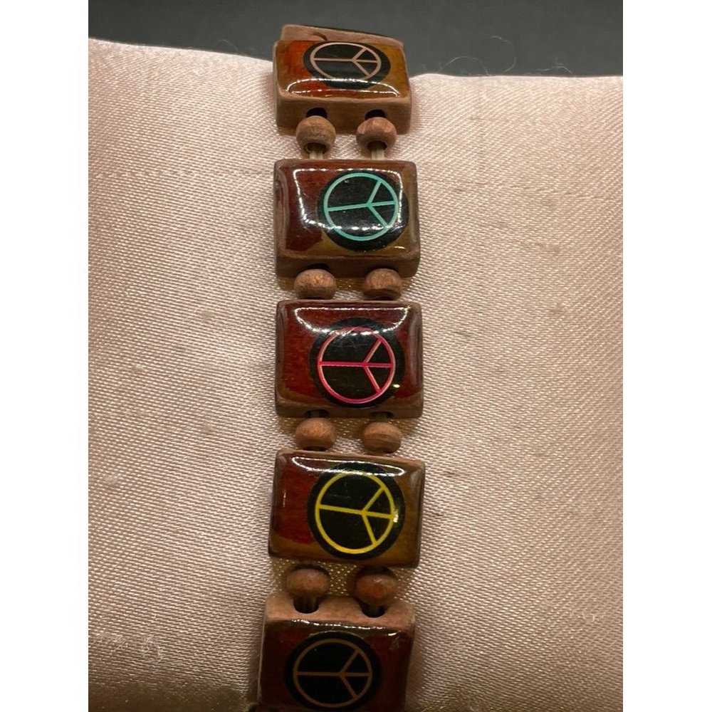 Wooden Tile Peace Symbol Women Stretch Bracelet